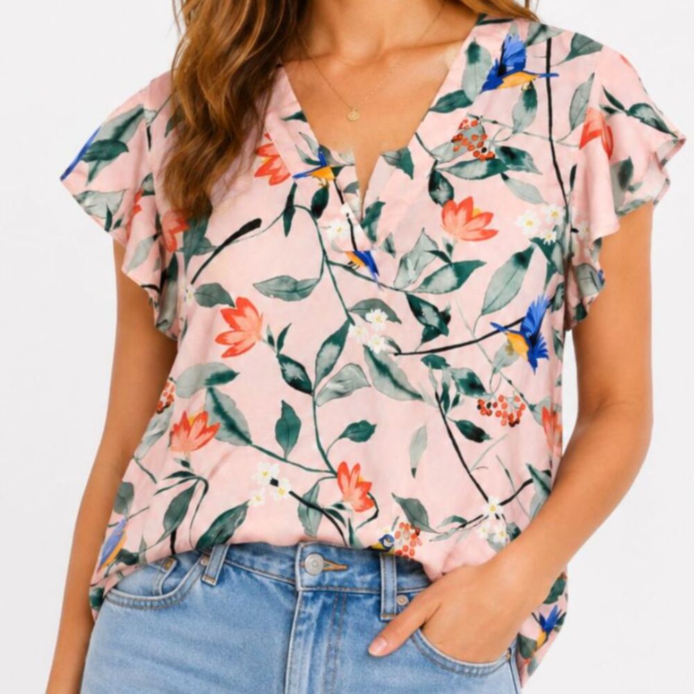 C&E Pink Floral & Bird Print Flutter Sleeve V-Neck Blouse Size M